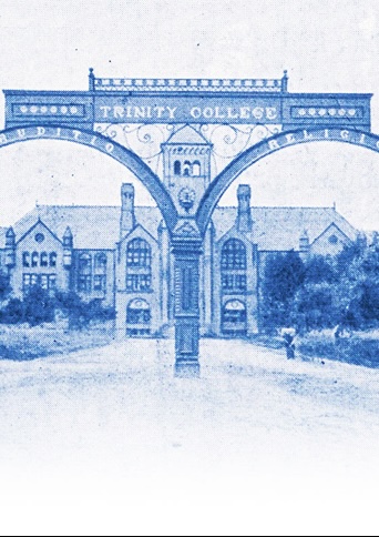 A blue drawing of a building with a double archway and a sign that says Trinity College at the top of the arches.