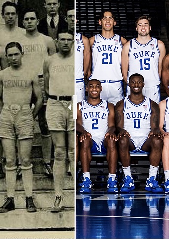 Left photo is a black and white image of some male basketball players in tank tops that say Trinity, next to a color photo on the right of present day basketball players in white jerseys that say Duke.