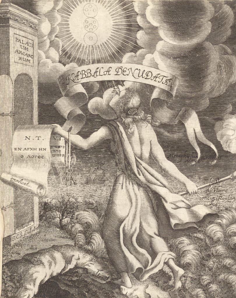 Illustrated title page of “Kabbala Denudata,” a 1677 Latin edition of Jewish text.